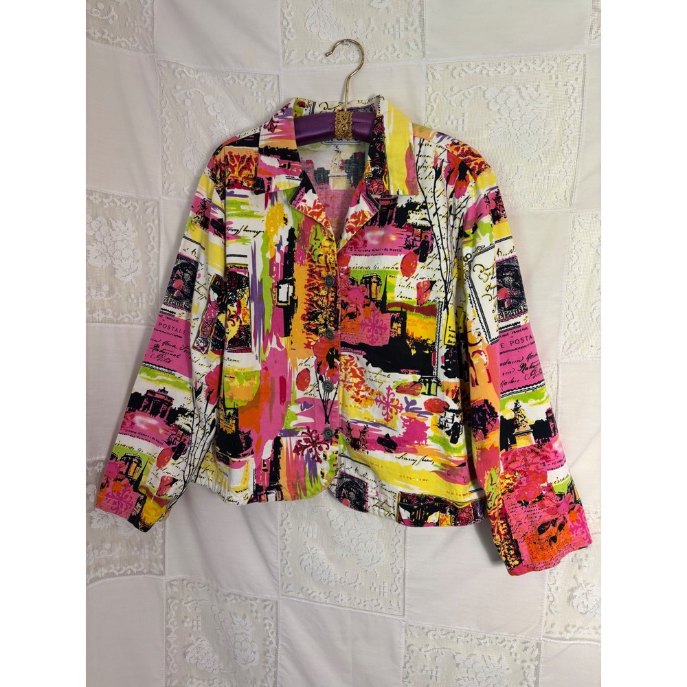 VTG Abstract Parisianβ Wearable Art Canvas Button Front Shirt Jacket Size XL